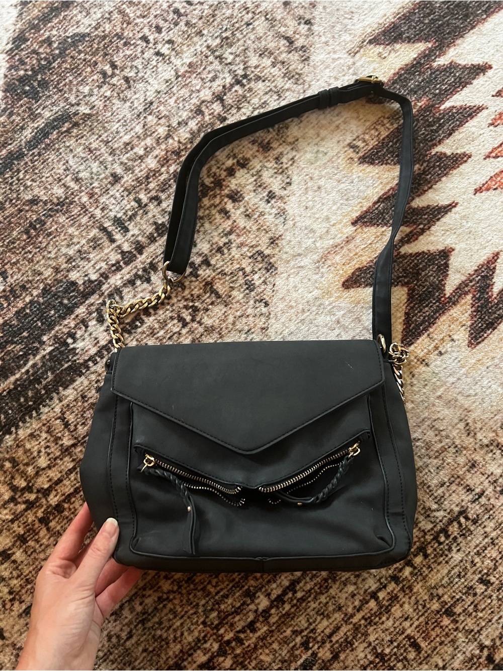 Black Crossbody Shoulder Bag with Gold Chain Accent